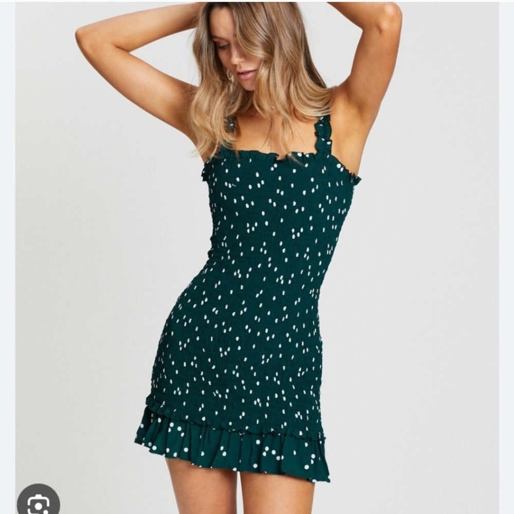 Faithful The Brand Sz 8 Del Mar Green White Polka Dot Smocked Ruffle Mini Dress
